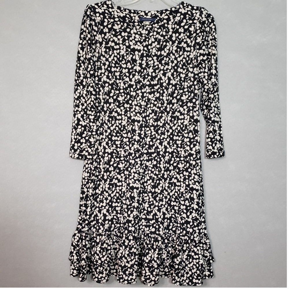 Tommy‎ Hilfiger Womens 8 Shift Dress Black White Floral Ruffle Hem 3/4 Sleeve